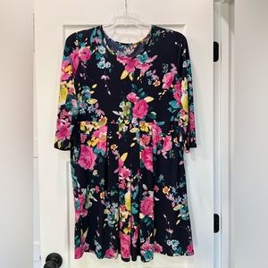 Navy Fuchsia Floral Babydoll Dress 3/4 Sleeves Plus Size 4X EUC